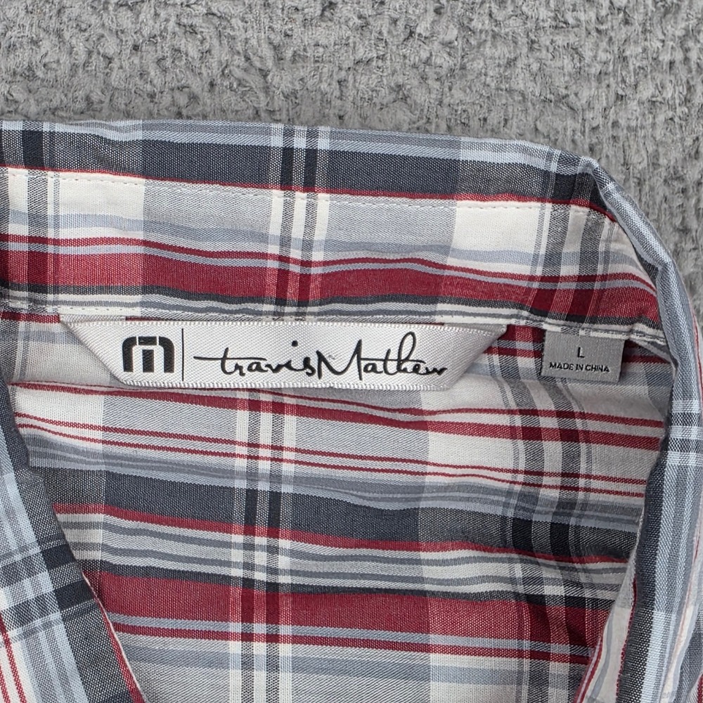 TravisMathew Button Down Shirt Mens Large Red Gray Plaid Short Sleeve Golf - Picture 7 of 12